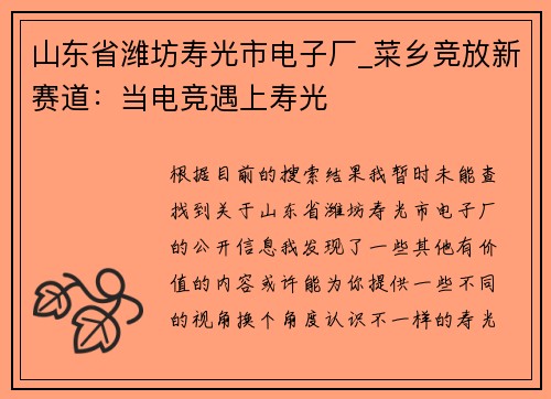 山东省潍坊寿光市电子厂_菜乡竞放新赛道：当电竞遇上寿光